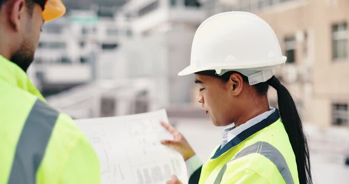 Woman, paper and architect in city for meeting, discussion or project management for urban development. Engineer team, talking or outdoor with contractor for brainstorming with construction blueprint