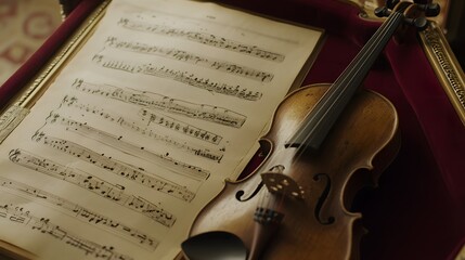 Naklejka premium Classical music sheet notes elegantly displayed on a wooden stand, embodying the timeless beauty and intricate artistry of orchestral compositions.