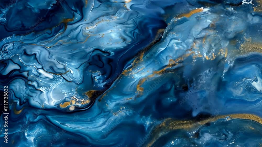 Poster Stunning abstract art featuring fluid blue and gold textures, creating captivating waves and dynamic patterns that evoke depth and tranquility in background.
