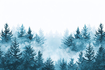 Watercolor postcard, Christmas wallpaper - a picturesque winter forest with firs, pines in montain leaving room for text.