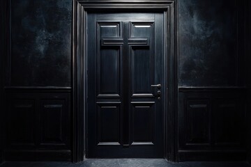 A dramatic cross-shaped door stands alone in an otherwise dark room, its surfaces glistening with a faint sheen. The doors design is both modern and classic