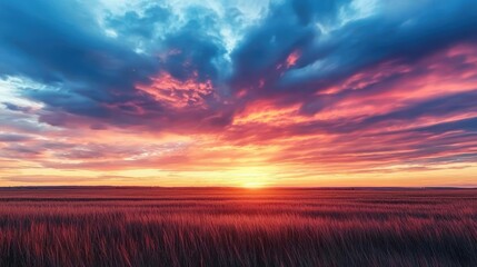 Obraz premium Vibrant sunset over a field, with colorful clouds illuminating the horizon.
