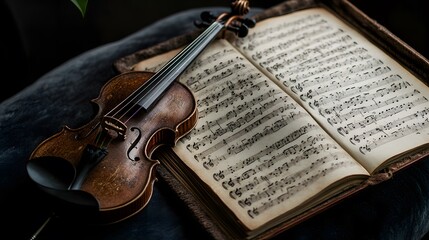Fototapeta premium Classical music sheet notes elegantly displayed on a wooden stand, embodying the timeless beauty and intricate artistry of orchestral compositions.