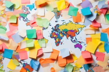 A flat lay of several post-it notes in bright colors, each featuring distinct contact us symbols such as a question mark, globe, and a thumbs-up. 