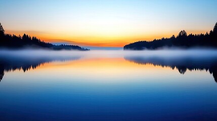 Fototapeta premium Serene lake at sunset with vibrant sky and misty reflections.