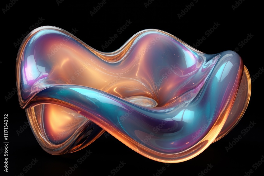 Poster a glowing retrofuturistic amorphous shape with an iridescent surface, featuring interconnected wire-