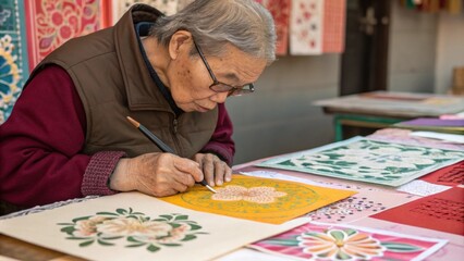 An aged artist with glasses perched on their nose is engrossed in designing intricate paper tings. With a craft knife in hand they delicately slice through layers of paper