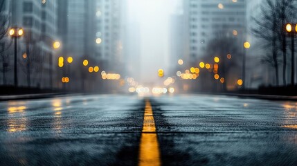 Misty urban street at night with glowing lights and cobblestone pavement