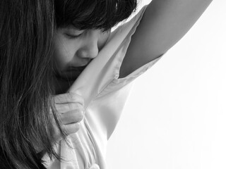 Armpit sweat woman, girl showing underarm body odor problem hyperhidrosis sweat gland, concept for medicine deodorant hygiene.