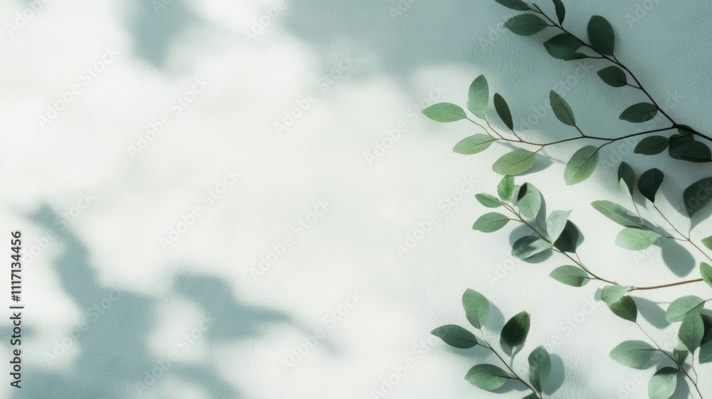 Poster eucalyptus branches casting soft shadows on a light pastel background, creating a minimalist and nat