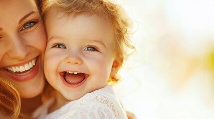 A close-up of a smiling mother and her cheerful young child enjoying a joyful bonding moment in warm sunlight.