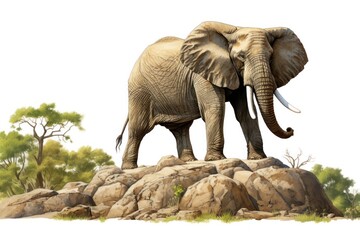 Obraz premium A powerful elephant cautiously approaching an isolated rocky outcrop, its large ears flapping gently in the breeze. The rugged terrain contrasts with the smooth skin of the elephant