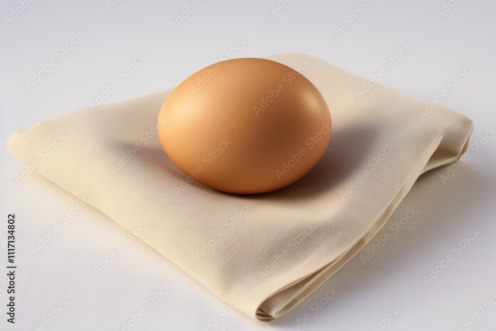 Poster a single egg placed on a soft linen napkin, with a natural light source casting gentle shadows, emph