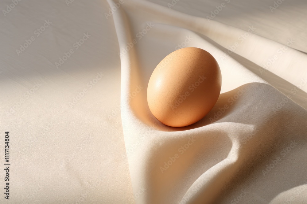 Poster a single egg placed on a soft linen napkin, with a natural light source casting gentle shadows, emph