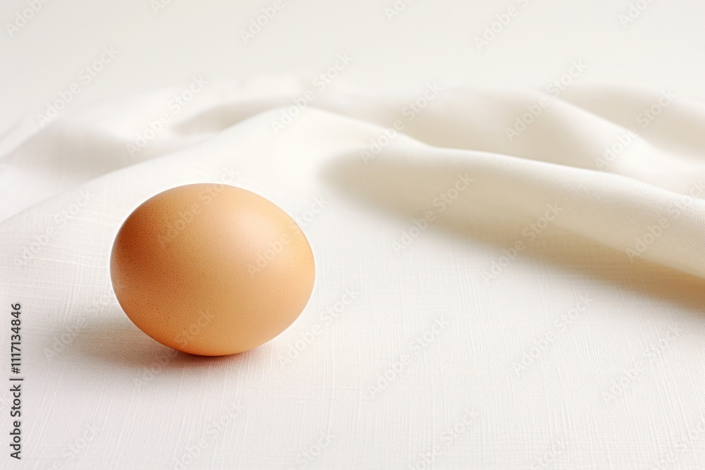 Poster a single egg placed on a soft linen napkin, with a natural light source casting gentle shadows, emph