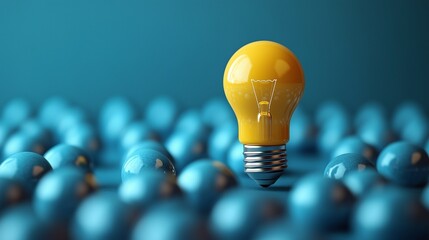 A glowing yellow light bulb stands out among blue bulbs, symbolizing innovation, best candidate, and a creative concept to spark the mind.






