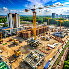 A construction site view, showcasing machinery, workers, scaffolding,