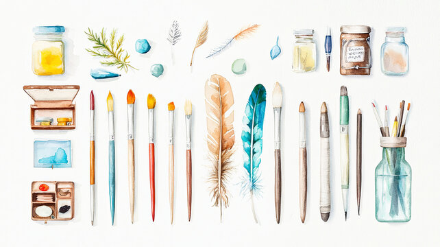 whimsical watercolor illustration featuring collection of art supplies, including brushes, paints, and natural elements like feathers and stones, evoking creativity and inspiration