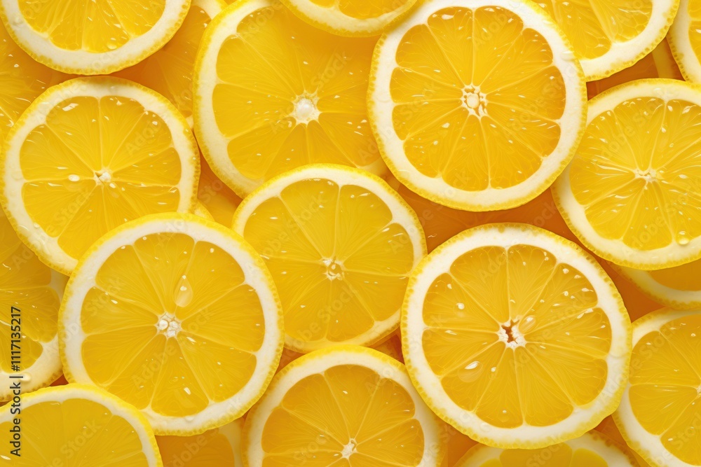 Poster a uniform arrangement of lemon slices in a repeated pattern, highlighting the fresh citrus look and 