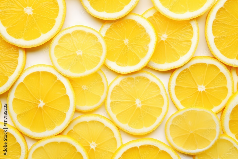Poster a uniform arrangement of lemon slices in a repeated pattern, highlighting the fresh citrus look and 