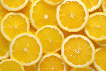 A uniform arrangement of lemon slices in a repeated pattern, highlighting the fresh citrus look and rich yellow tones.