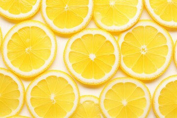A uniform arrangement of lemon slices in a repeated pattern, highlighting the fresh citrus look and rich yellow tones.
