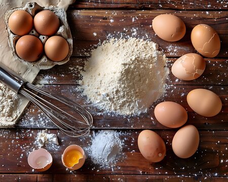 Flour, eggs, and a whisk on a rustic wooden table, captured from above, creating a warm baking scene.
