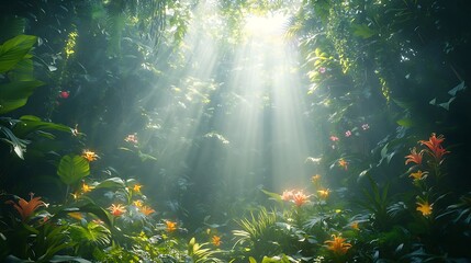Obraz premium Sunlight illuminating tropical flora in lush forest environment