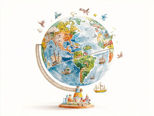whimsical watercolor illustration of globe featuring various landmarks, ships, and animals, evoking sense of adventure and exploration. Perfect for travel enthusiasts