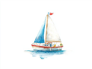 Fototapeta premium whimsical watercolor illustration of sailboat on calm waters, featuring white sail and red flag. serene scene evokes sense of adventure and tranquility