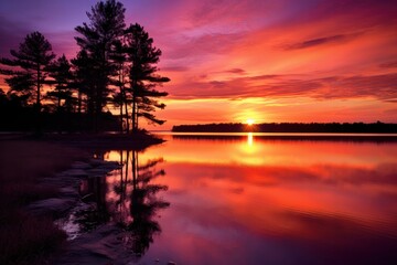 Fototapeta premium A vibrant sunset over a tranquil lake, with the sun dipping below the horizon. The sky is filled with shades of orange, pink, and purple, symbolizing the end of the day and the passage of time