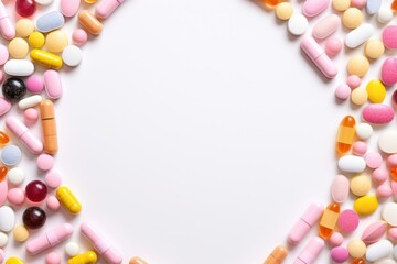Fototapeta premium A visually engaging flat lay image depicting a frame formed by an eclectic mix of pills and supplements, placed on a soft pink background. The arrangement of the pills creates a bold outline