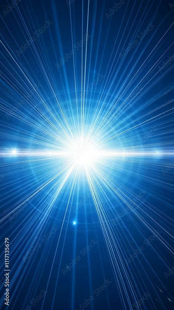 Poster bright blue rays radiate from a central point in a cosmic display of energy and light in a dark back