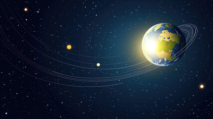 Earth axis diagram illustration showing the tilt of the Earth's rotational axis relative to its orbital plane, explaining the cause of seasonal changes and the distribution of sunlight.