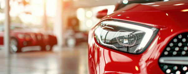Luxurious car dealership featuring a red and black vehicle closeup, highlighting premium automobile sales, rentals, and insurance services.