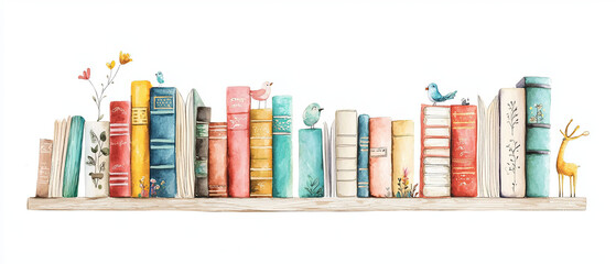 whimsical watercolor illustration of wooden shelf filled with colorful books, adorned with charming birds and flowers, creating delightful and inviting atmosphere