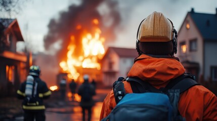 Brave firefighter observing intense flames consuming a house in a residential area, showcasing the urgency and danger of fire rescue efforts during emergency situations.