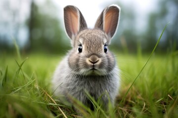 An adorable gray bunny with a round face and chubby cheeks, nestled comfortably in a bed of fresh green grass. Its ears flop to the side