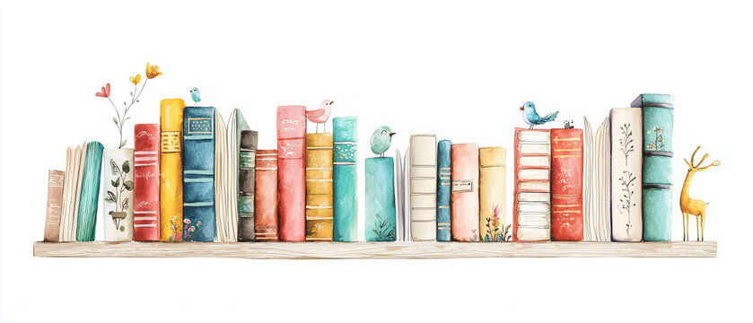 whimsical watercolor illustration of wooden shelf filled with colorful books, adorned with charming birds and flowers, creating delightful and inviting atmosphere