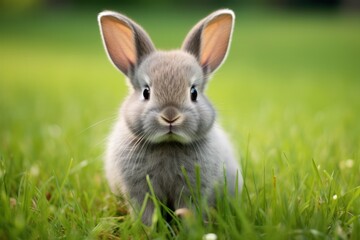 Fototapeta premium An adorable gray bunny with a round face and chubby cheeks, nestled comfortably in a bed of fresh green grass. Its ears flop to the side