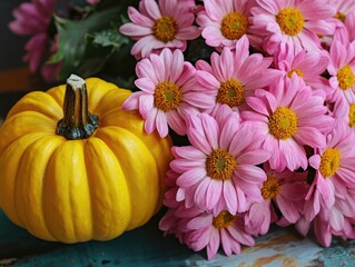 Yellow Pumpkin with Pink Flowers