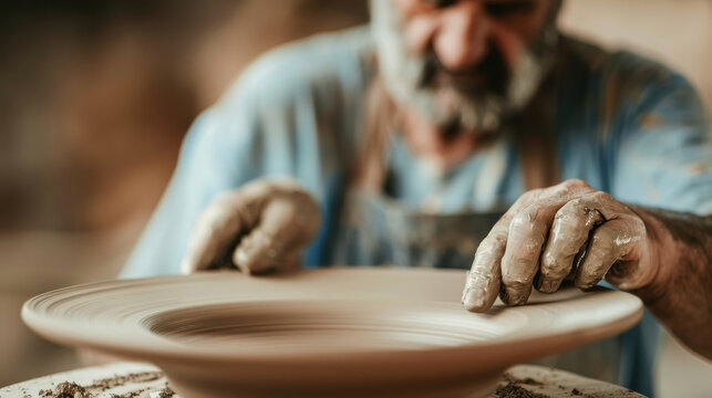 Skilled potter shaping a clay plate on a pottery wheel, focusing on the delicate carving process in a studio setting. Artistry and craftsmanship of handmade ceramic plates for serving and decoration. - Powered by Adobe