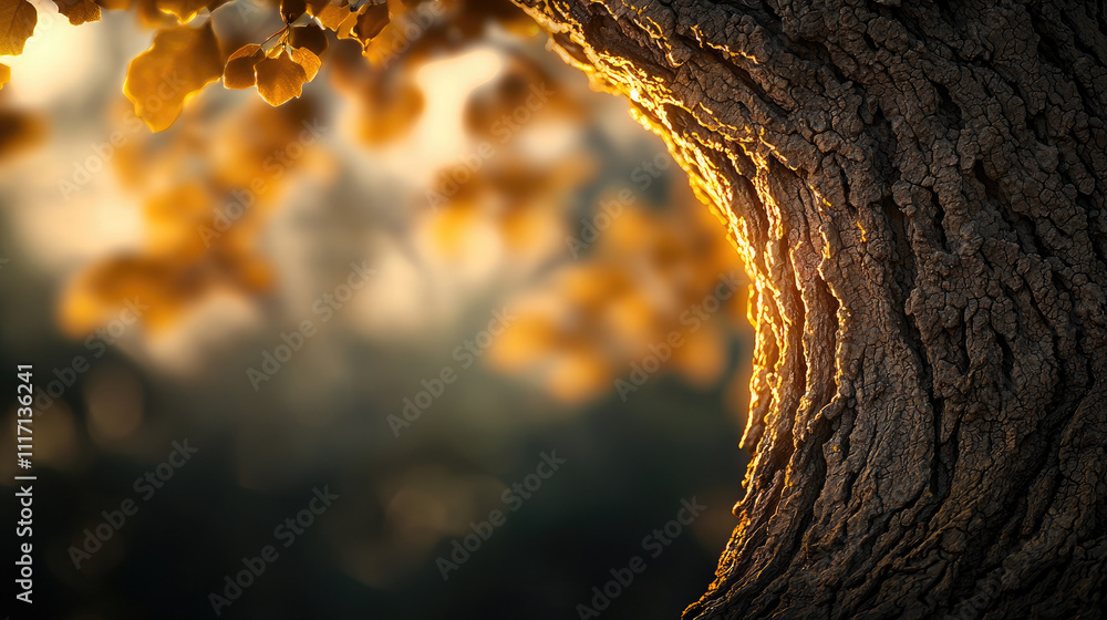 Aufkleber a close-up view of a tree trunk with soft golden leaves in a serene natural setting.