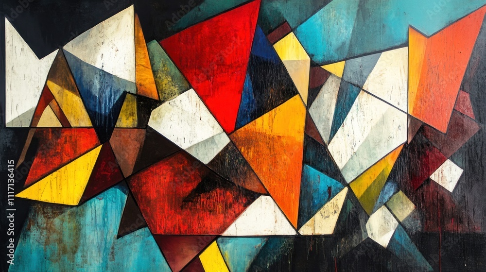 Poster an abstract work with jagged, broken shapes and contrasting colors, suggesting the fragmentation of 