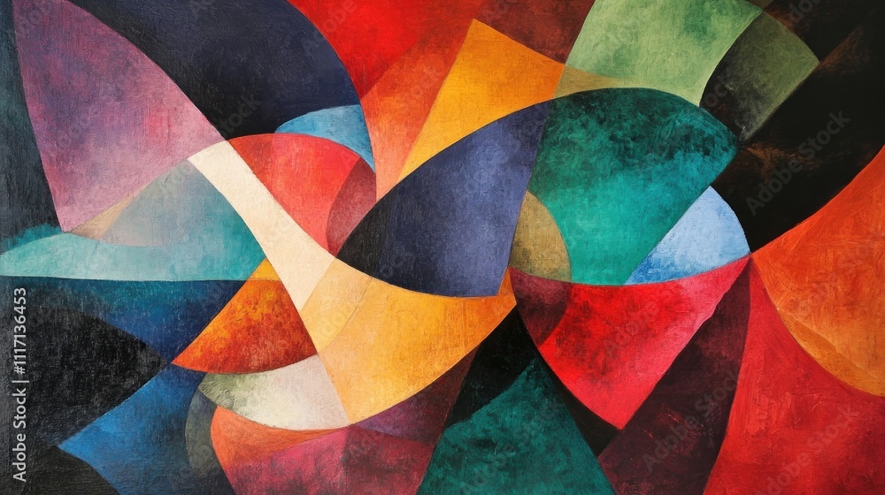 Poster an abstract work with contrasting colors and shapes that somehow come together to create a balanced 