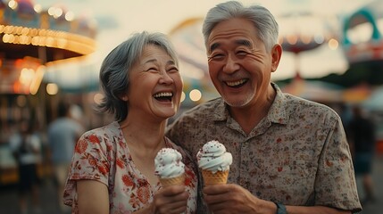 Joyful senior couple enjoying ice cream at fairground sunset candid