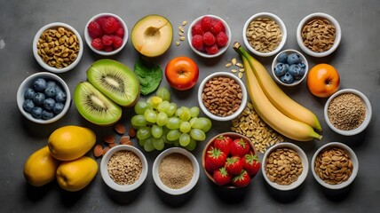 Naklejka premium Healthy food clean eating selection: fruit, vegetable, seeds, superfood, cereal, leaf vegetable on gray concrete background