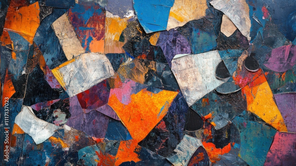Poster an abstract work with jagged, broken shapes and contrasting colors, suggesting the fragmentation of 