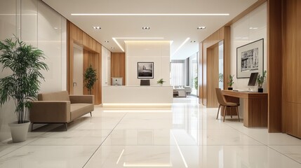 area with white tiles flows smoothly into the wooden kitchen and then into the bright office.