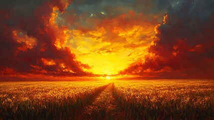 Fototapeta premium Sunset over golden fields nature landscape vibrant sky view